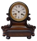 Victorian walnut and ebony mantel clock, white Roman drum head dial with carved sea beast supports,