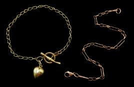 Rose gold chain bracelet stamped 9K and a gold T bar bracelet hallmarked 9ct Condition
