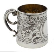 Silver christening mug by John Rose Birmingham 1905, embossed acanthus decoration, blank cartouche,