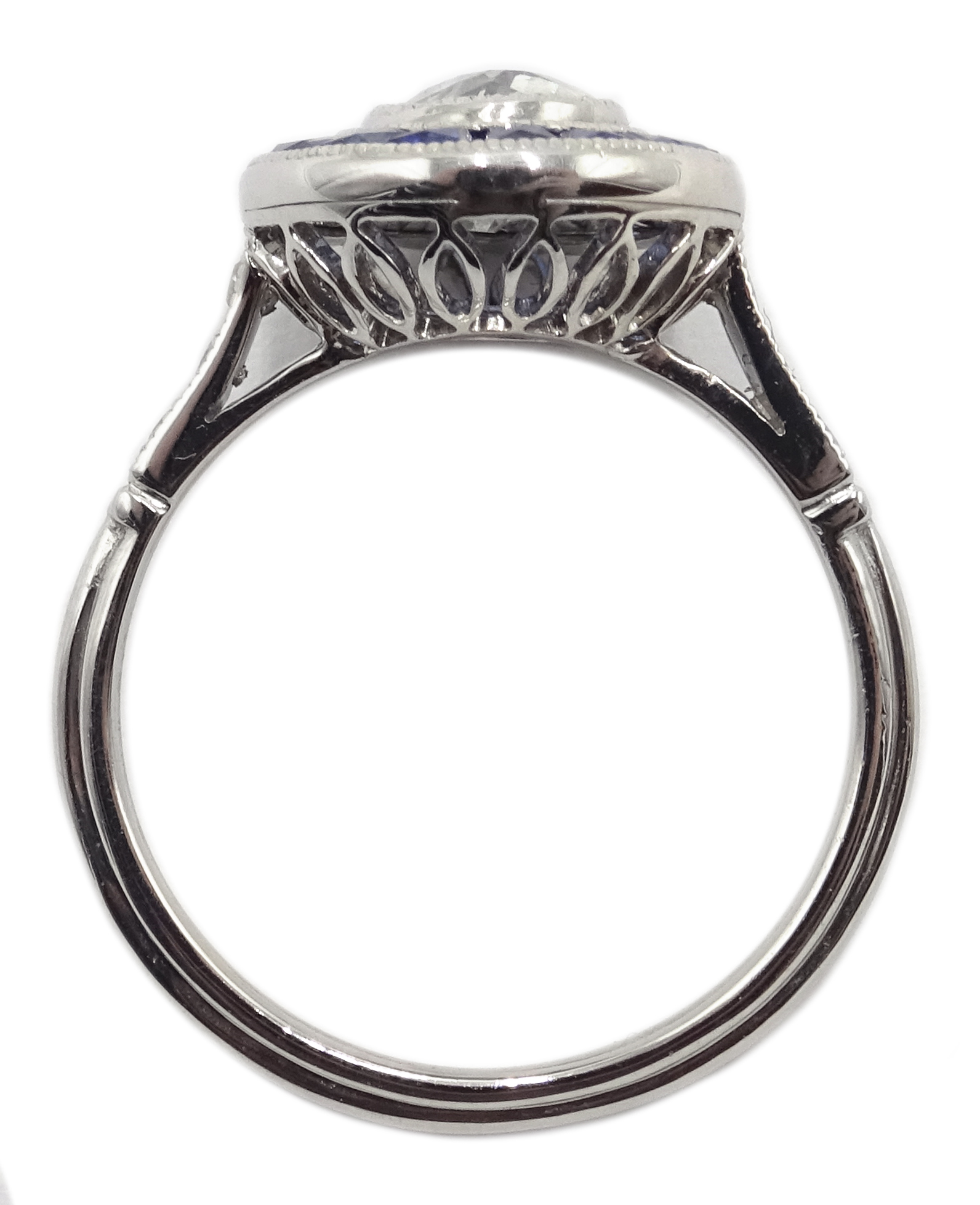 Platinum round old cut diamond and calibre cut sapphire target ring, with diamond shoulders, - Image 5 of 5