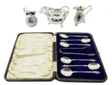 Set of six silver apostle spoons and nips cased, sauce boat and two cream jugs 10.