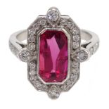 18ct white gold emerald cut ruby and diamond dress ring, ruby approx 2.