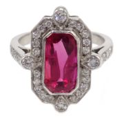 18ct white gold emerald cut ruby and diamond dress ring, ruby approx 2.