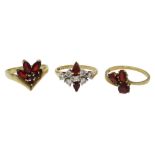 Three 9ct gold garnet dress rings Condition Report sizes P N and O 7.