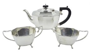 Silver three piece tea set by Harrison Fisher & Co, Sheffield 1945,