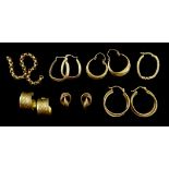 Five pairs of 9ct gold earrings, one other stamped 375 and part gold chai 14.