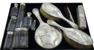 Early 20th century silver backed dressing table items and silver topped jars,