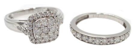 White gold diamond square cluster ring and round brilliant cut diamond half eternity ring,