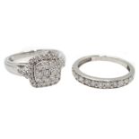 White gold diamond square cluster ring and round brilliant cut diamond half eternity ring,