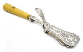 Pair of Victorian silver asparagus tongs, ivory handle with crest by Atkin Brothers,