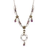 Early 20th century pink tourmaline and seed pearl pendant necklace stamped 9k Condition