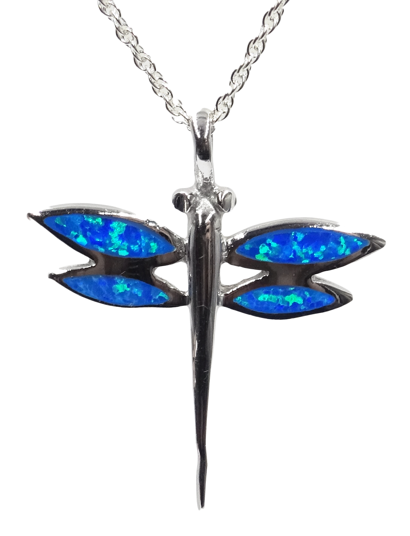 Silver blue opal dragonfly pendant necklace,