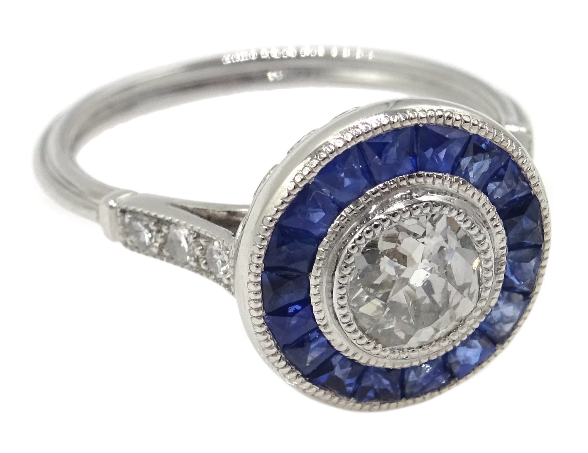 Platinum round old cut diamond and calibre cut sapphire target ring, with diamond shoulders, - Image 3 of 5