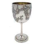 Chinese export silver goblet with applied prunus bird and butterfly decoration by Cumshing stamped