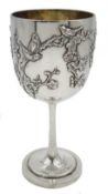 Chinese export silver goblet with applied prunus bird and butterfly decoration by Cumshing stamped