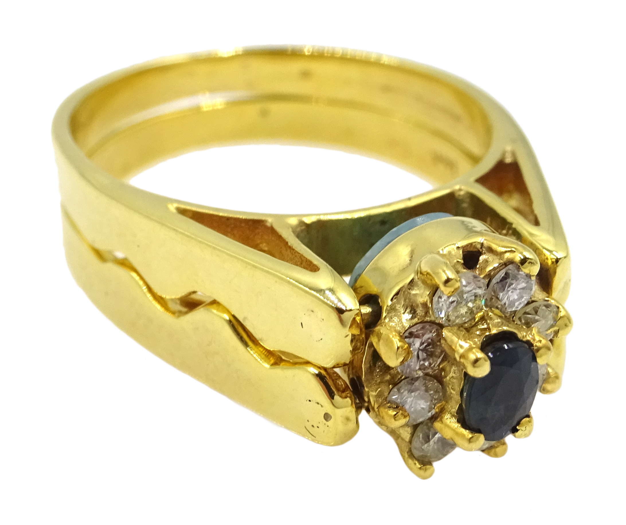 14ct gold sapphire and diamond cluster/larimar reversible flipover ring stamped 14K, 6. - Image 2 of 6