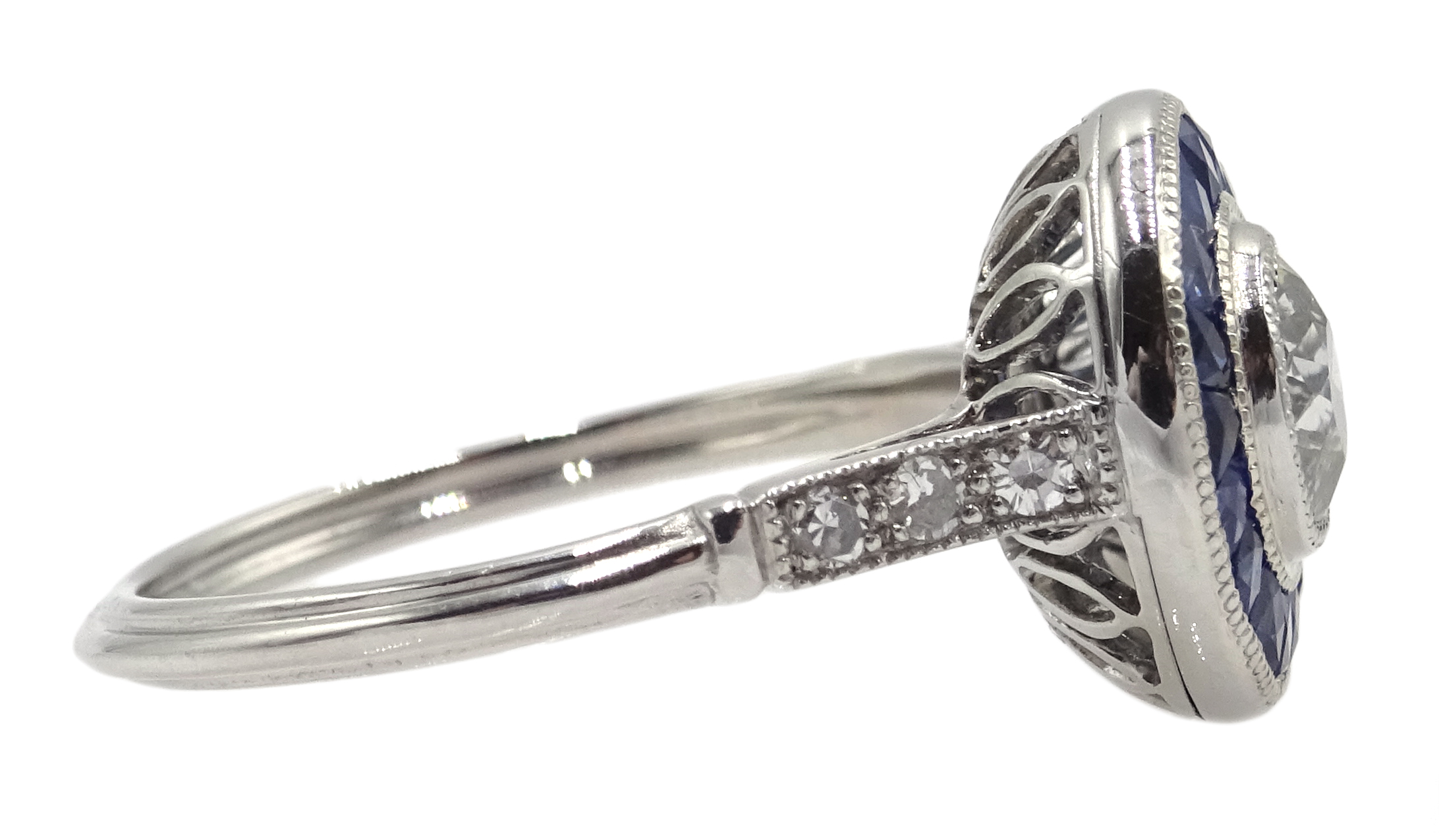 Platinum round old cut diamond and calibre cut sapphire target ring, with diamond shoulders, - Image 4 of 5