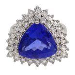 Rhapsody platinum trillion cut tanzanite and round brilliant cut diamond cluster ring,