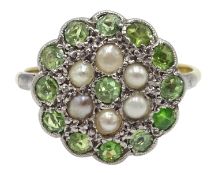 Peridot and seed pearl daisy set gold ring, stamped 18ct Condition Report 3.