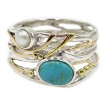 Silver and 14ct gold turquoise and pearl ring, stamped 925 Condition Report 5.