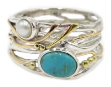 Silver and 14ct gold turquoise and pearl ring, stamped 925 Condition Report 5.