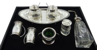 Silver boat shaped cruet stand by Henry Matthews Birmingham 1908 with two cut glass silver topped