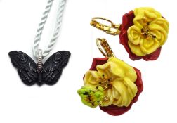 Lalique Papillon De Lalique Black Pendant and a pair of Les Nereides Paris butterfly flower