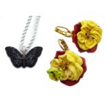 Lalique Papillon De Lalique Black Pendant and a pair of Les Nereides Paris butterfly flower