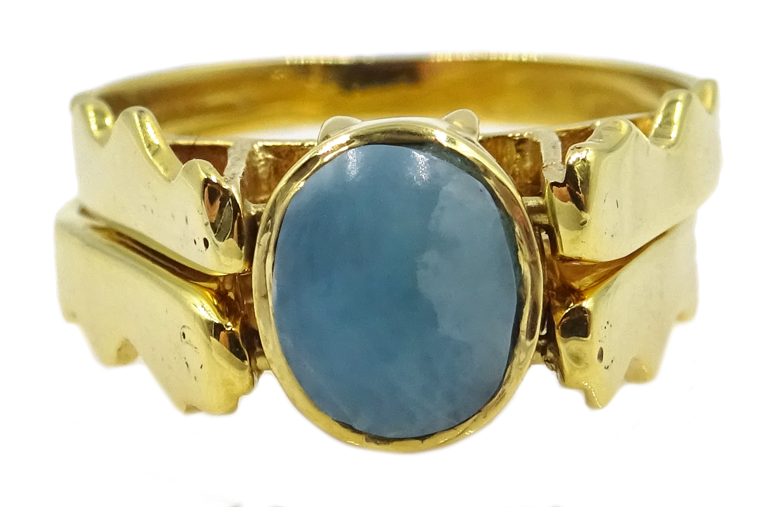 14ct gold sapphire and diamond cluster/larimar reversible flipover ring stamped 14K, 6. - Image 4 of 6