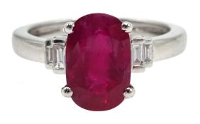 18ct white gold oval Burmese ruby ring, with baguette diamond shoulders, hallmarked, ruby approx 3.