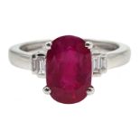 18ct white gold oval Burmese ruby ring, with baguette diamond shoulders, hallmarked, ruby approx 3.