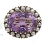 9ct gold oval amethyst and seed pearl brooch,