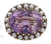 9ct gold oval amethyst and seed pearl brooch,