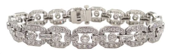 Platinum old brilliant cut and baguette cut diamond line bracelet by Sophia D, stamped Plat,