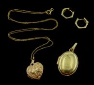 Gold locket stamped 10k, pair 9ct gold earrings and hallmarked 9ct locket on chain necklace 8.