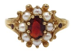 9ct gold seed pearl and garnet cluster ring,