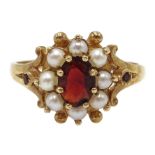 9ct gold seed pearl and garnet cluster ring,