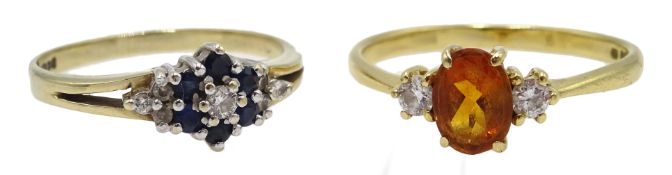 18ct gold citrine and diamond three stone ring and 9ct gold diamond and sapphire ring both