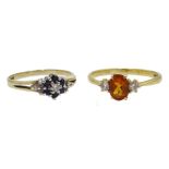 18ct gold citrine and diamond three stone ring and 9ct gold diamond and sapphire ring both