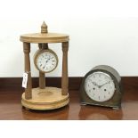 Hermle mantel clock, circular quartz movement in three pillar turned oak portico, on circular base,