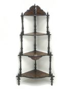 Victorian inlaid walnut four tier whatnot, turned supports, W62cm, H126cm,