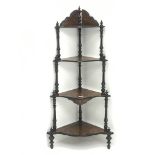 Victorian inlaid walnut four tier whatnot, turned supports, W62cm, H126cm,