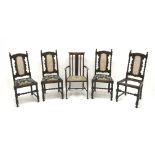 Set four early 20th century oak dining chairs, cane work splat flanked by barley twist supports,