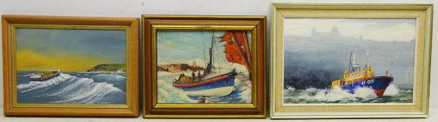 Lifeboats at Sea, three 20th century oils on board, signed by John Thompson, Bill Wedgwood and M.