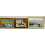 Lifeboats at Sea, three 20th century oils on board, signed by John Thompson, Bill Wedgwood and M.