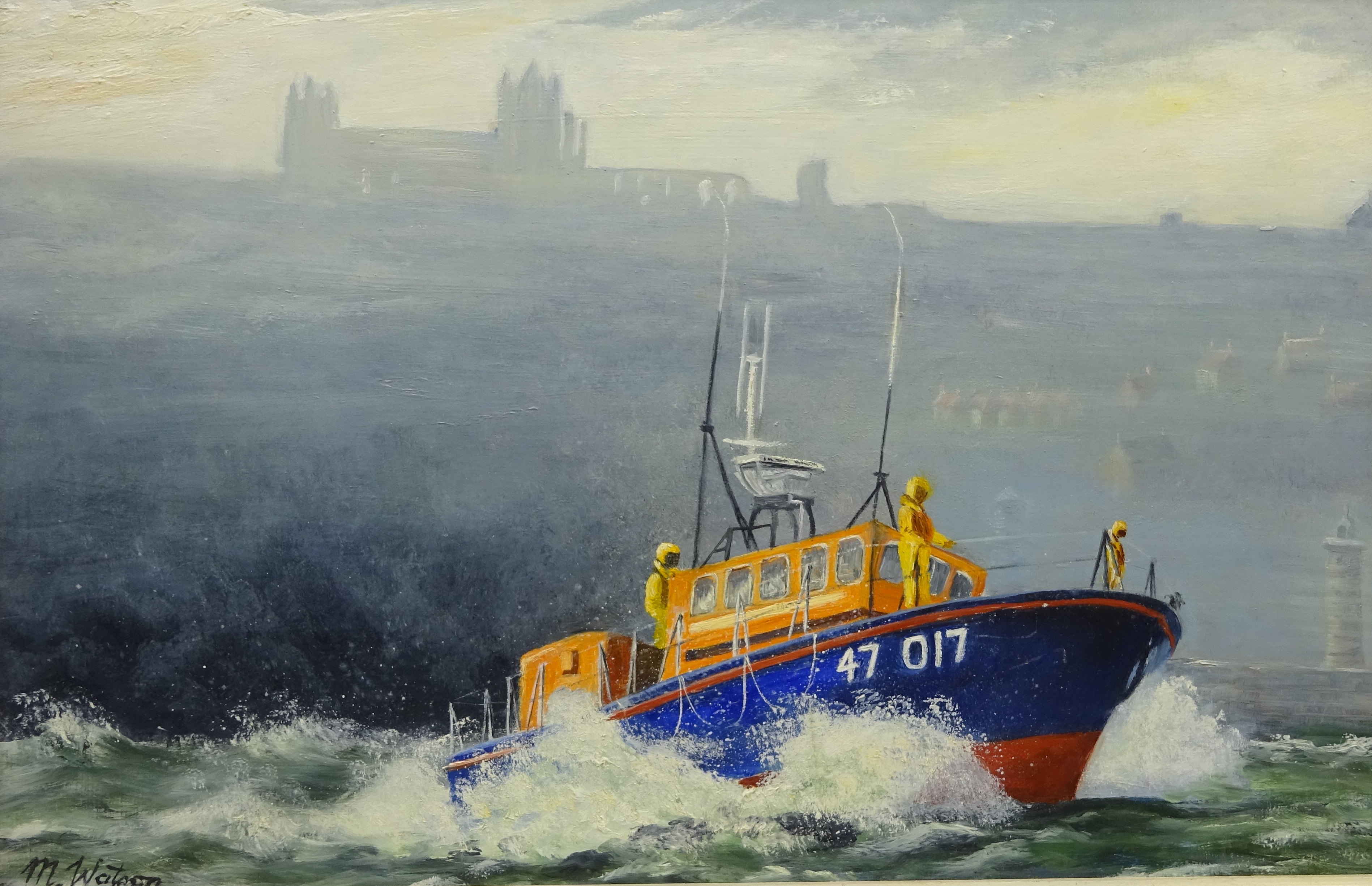 Lifeboats at Sea, three 20th century oils on board, signed by John Thompson, Bill Wedgwood and M. - Image 4 of 4
