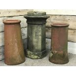 Victorian terracotta hexagonal chimney pot and two circular terracotta chimney pots