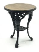 Ornate cast iron pub table, circular oak top, 'Gaskell & Chambers Ltd', D61cm,
