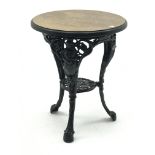 Ornate cast iron pub table, circular oak top, 'Gaskell & Chambers Ltd', D61cm,