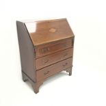 Edwardian inlaid mahogany bureau, fall front enclosing fitted interior, three graduating drawers,